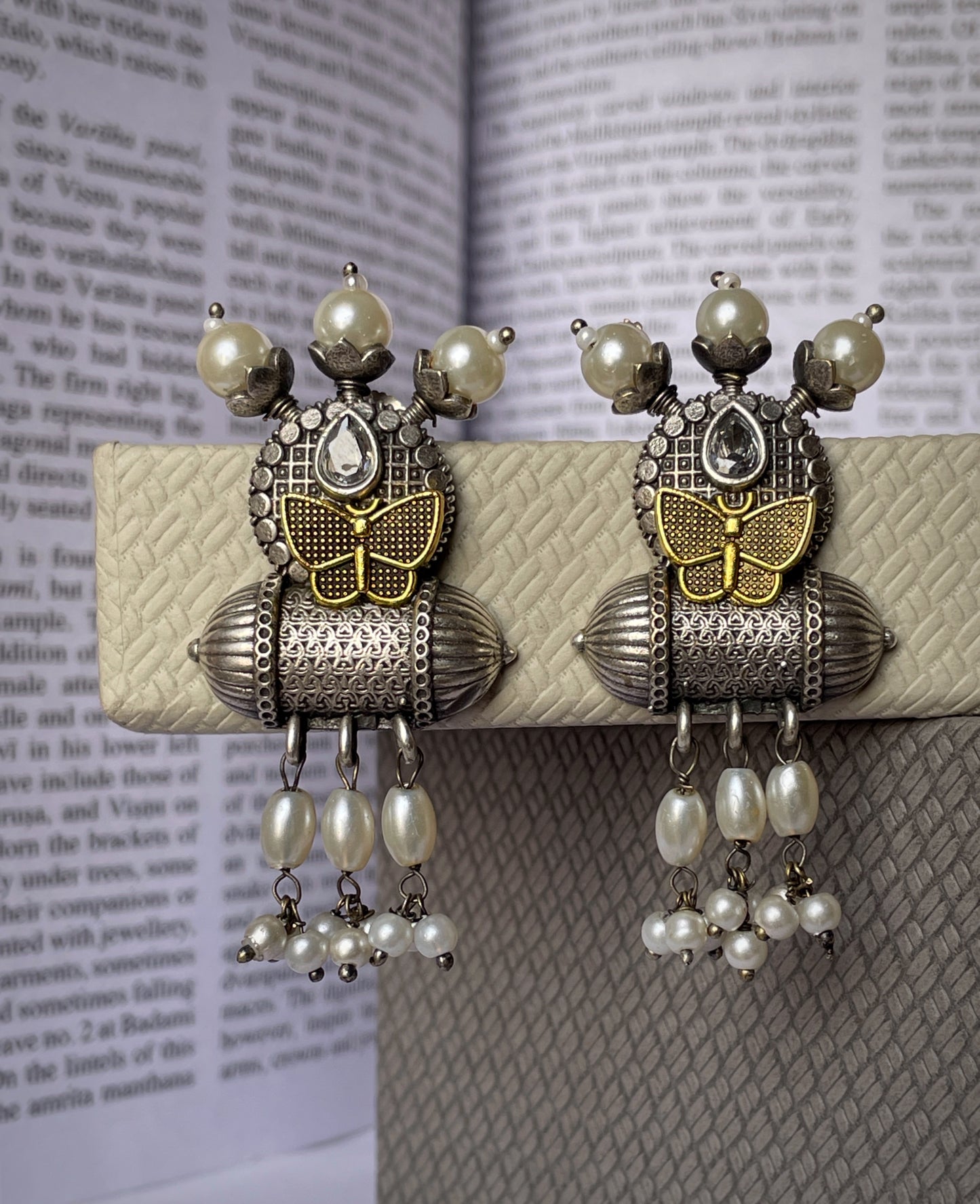 Butterfly Silver-Plated Drop Earrings with Pearl