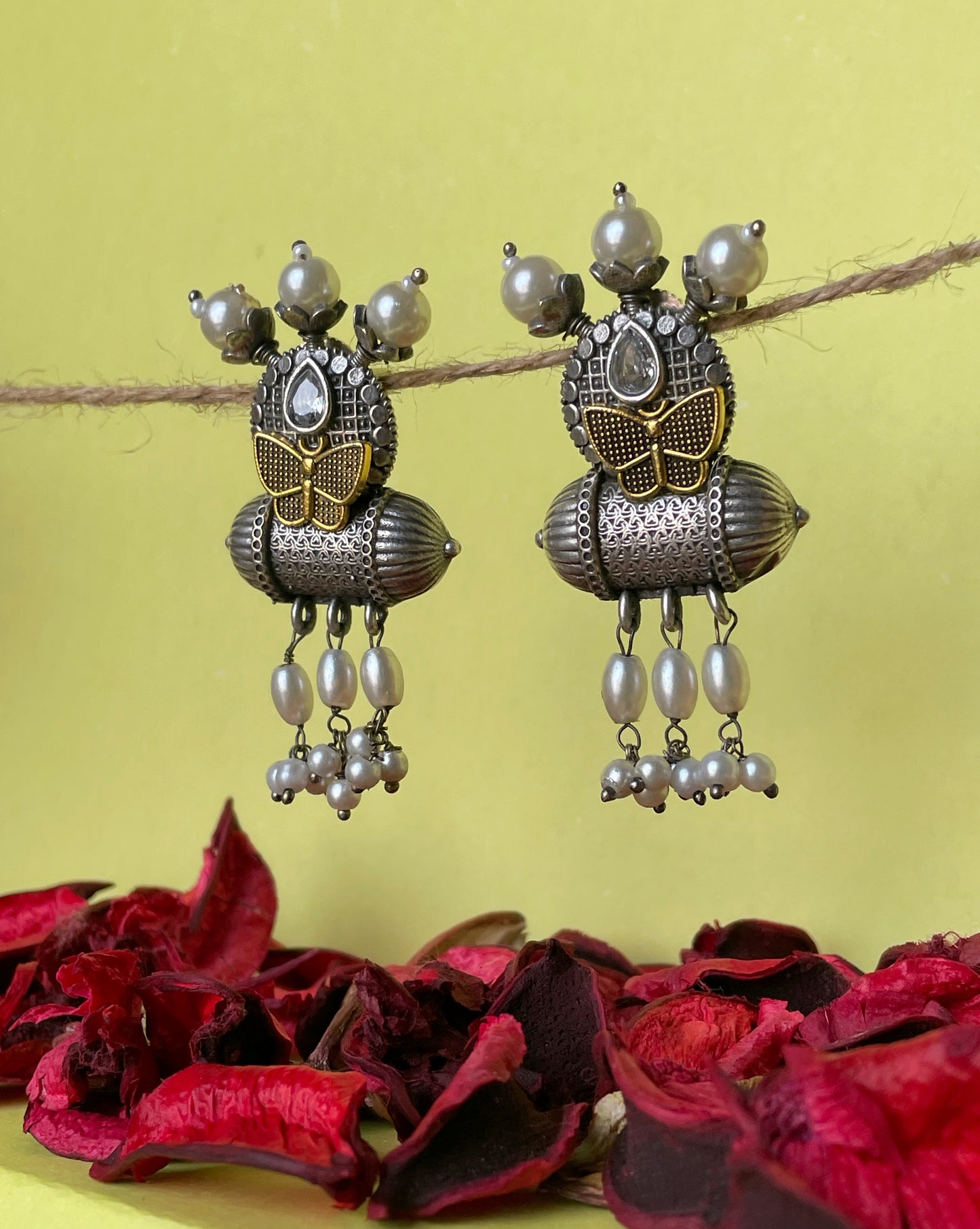Butterfly Silver-Plated Drop Earrings with Pearl
