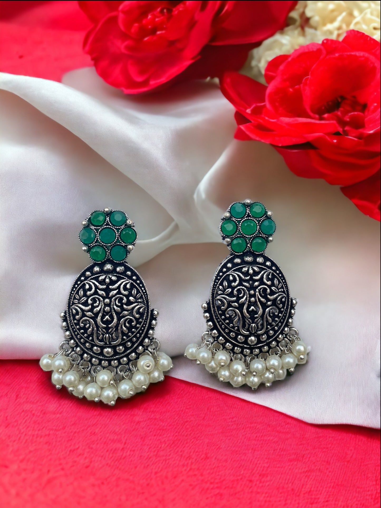 Green Round Oxidized Silver Earrings with Dangler Stones