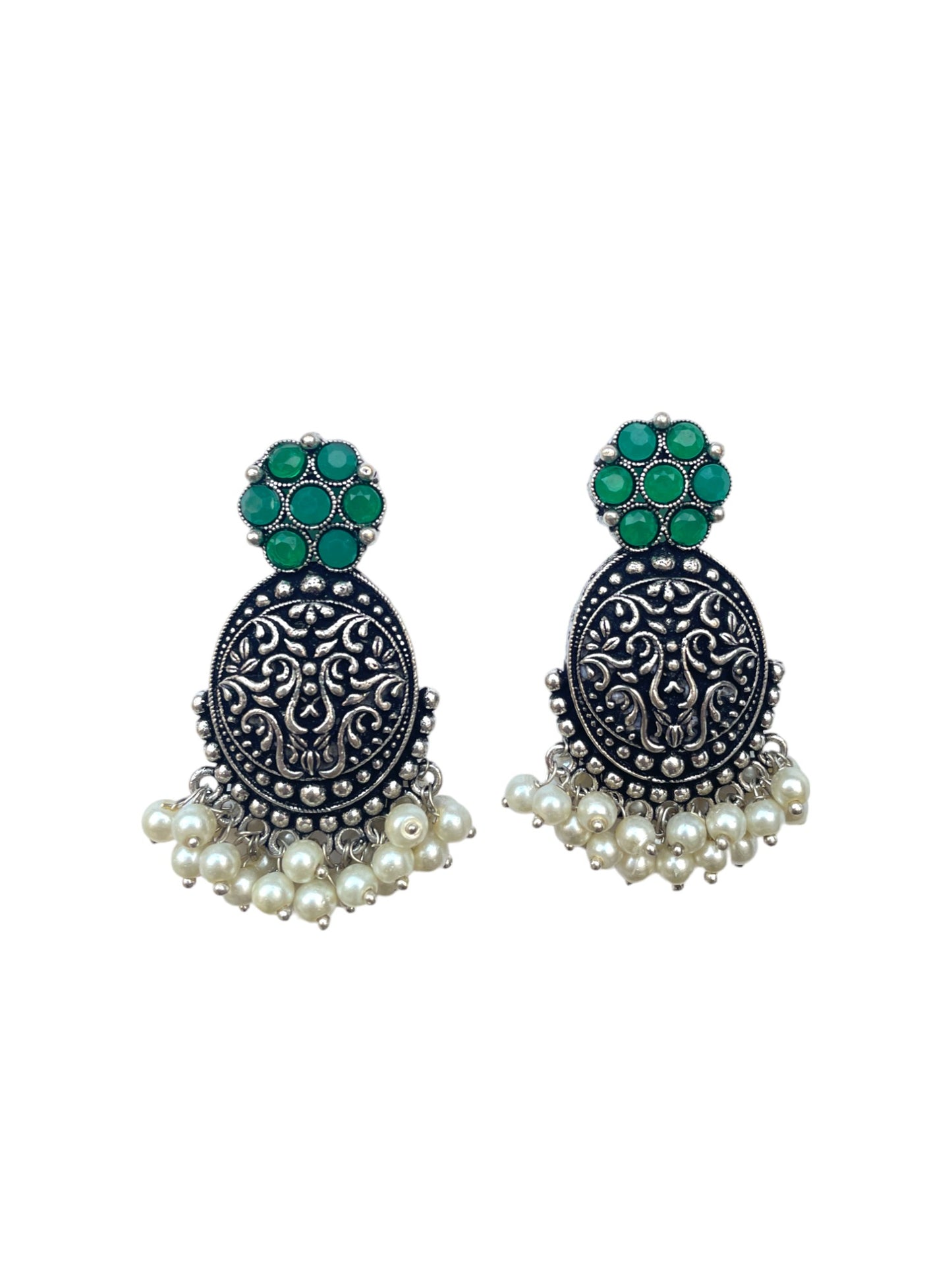 Green Round Oxidized Silver Earrings with Dangler Stones