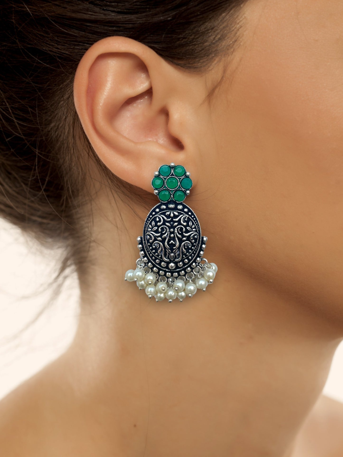 Green Round Oxidized Silver Earrings with Dangler Stones