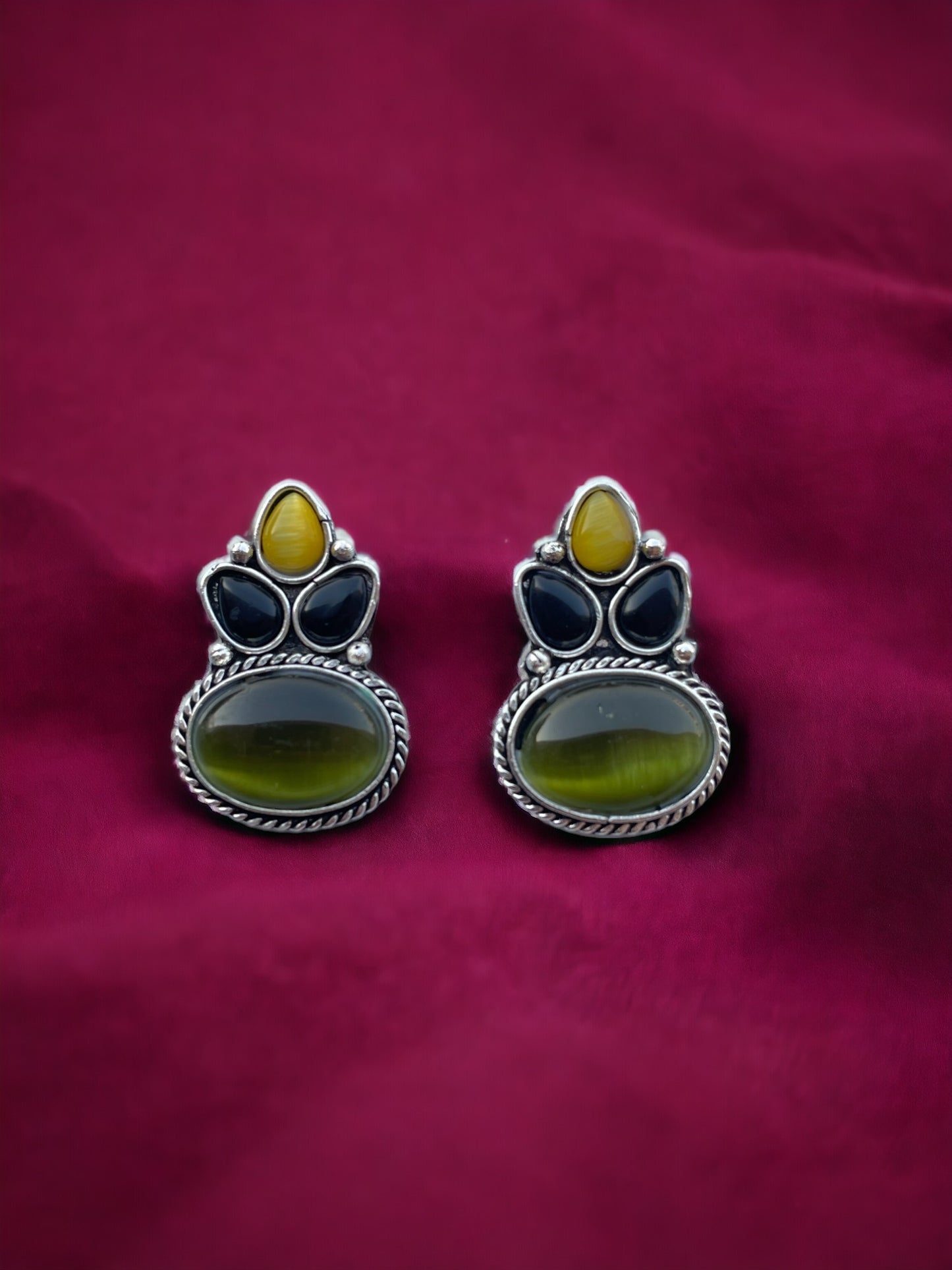 Green Monalisa Stone German Silver Earrings