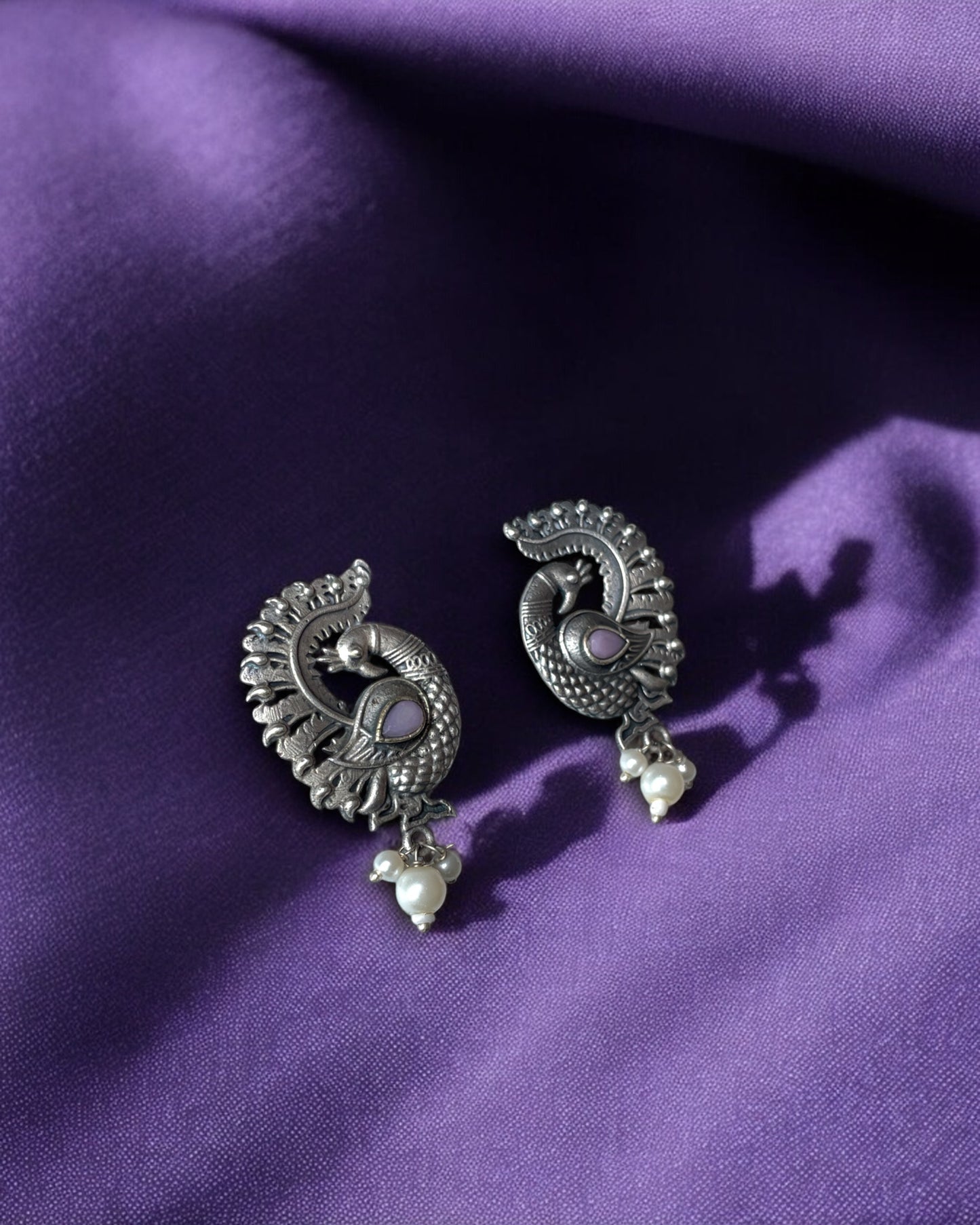 Peacock Feather German Silver Earrings