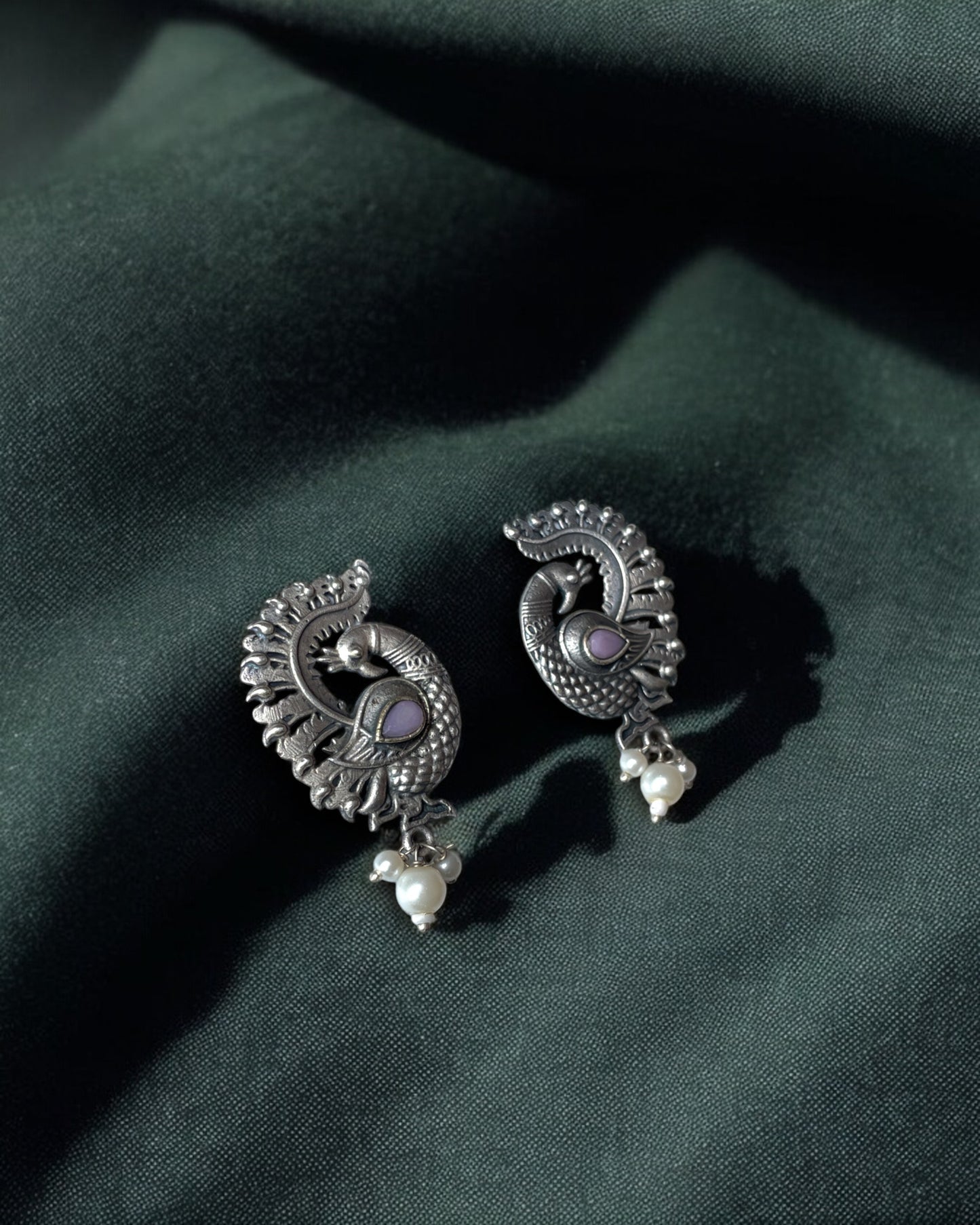 Peacock Feather German Silver Earrings
