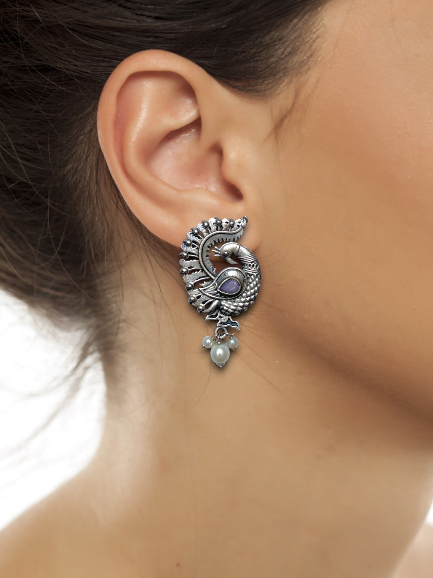 Peacock Feather German Silver Earrings