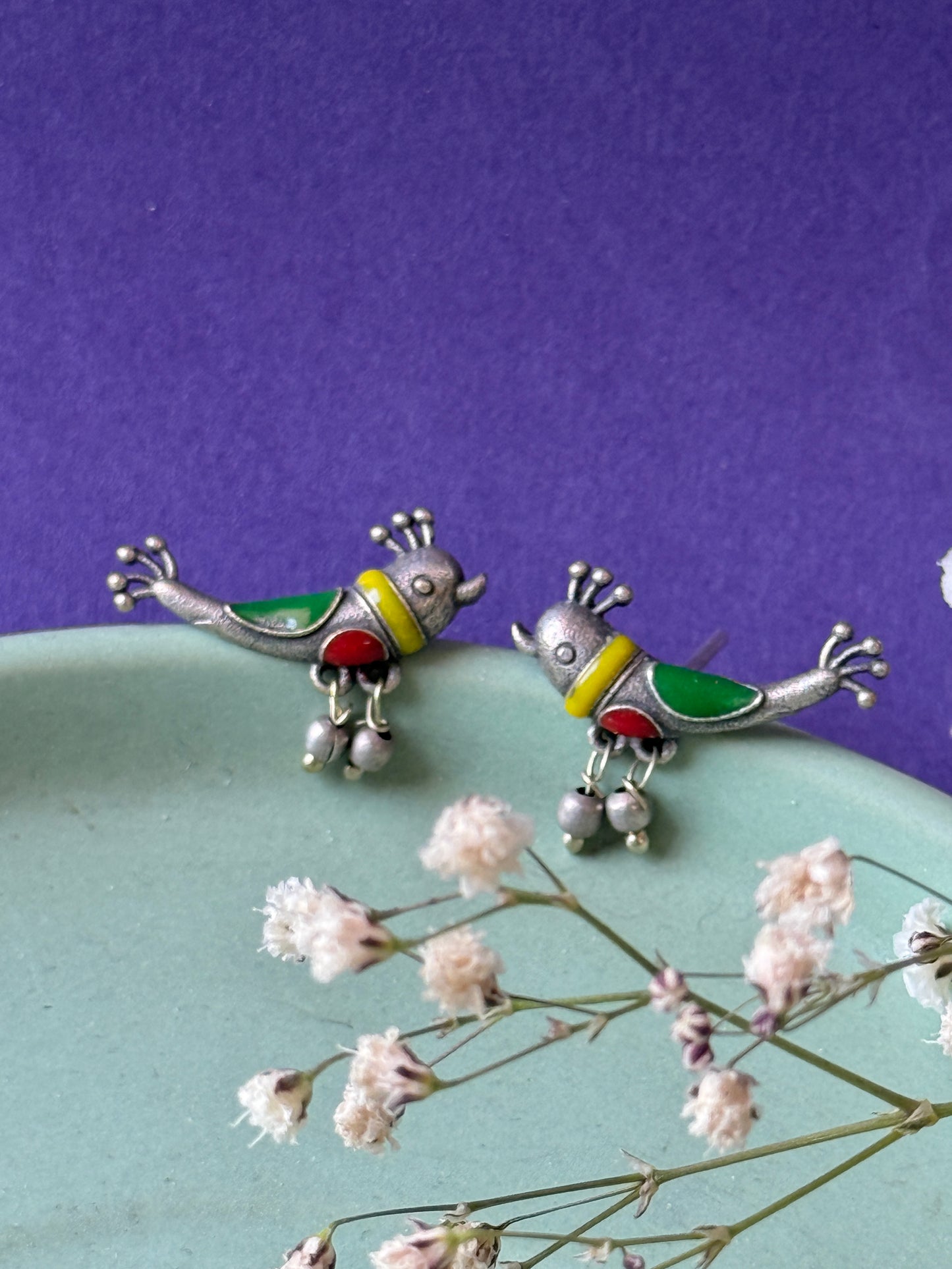 Colourful Bird Earrings – Hand-Painted Statement Design
