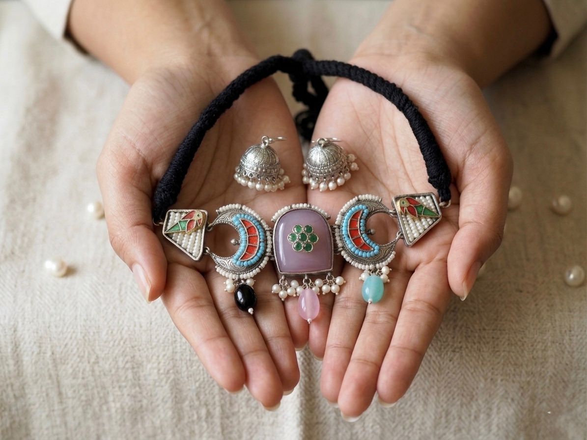 Silver Plated Pink Oxidised Necklace Set with Jhumka Earrings