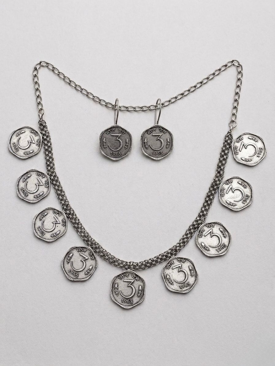 3 Paisa Oxidised Necklace Set with Earrings