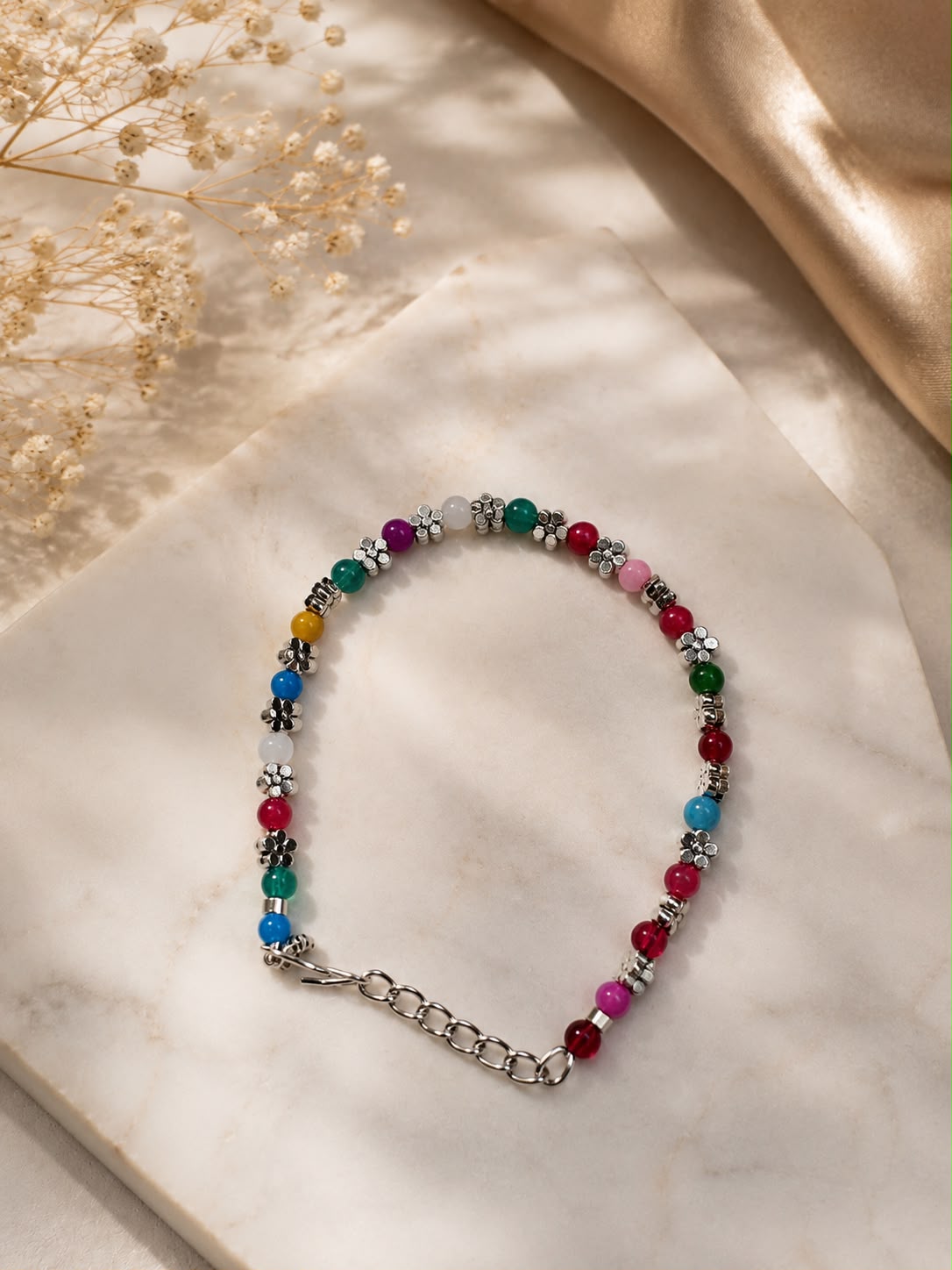 Multi-Colour Floral Charm Bracelet – Anti Tarnish | Free Size
