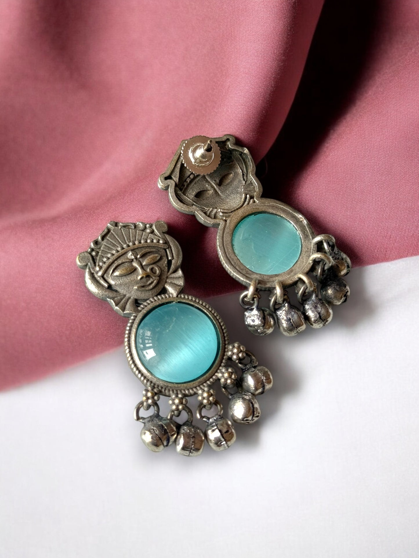 Silver Lookalike Silk Stone Embedded Face Earrings
