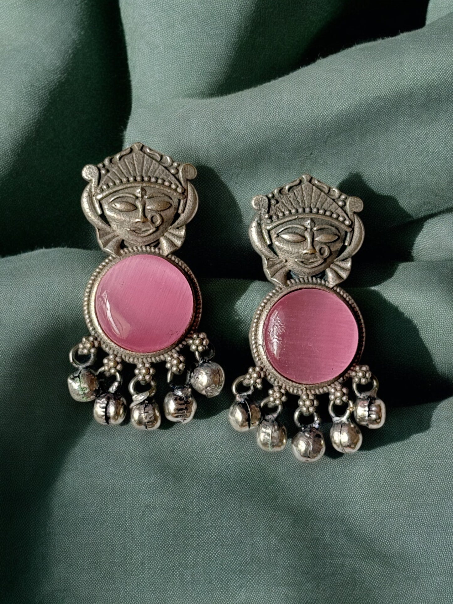 Silver Lookalike Silk Stone Embedded Face Earrings