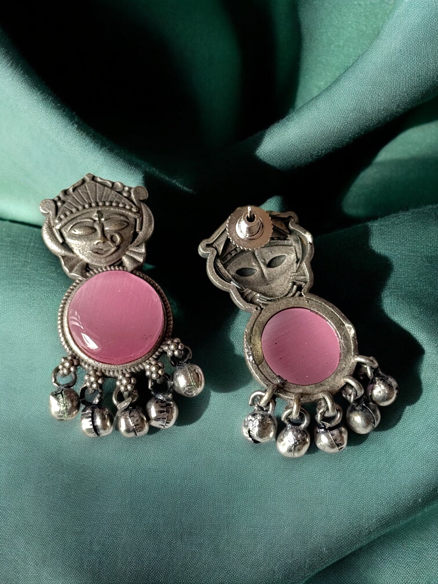 Silver Lookalike Silk Stone Embedded Face Earrings