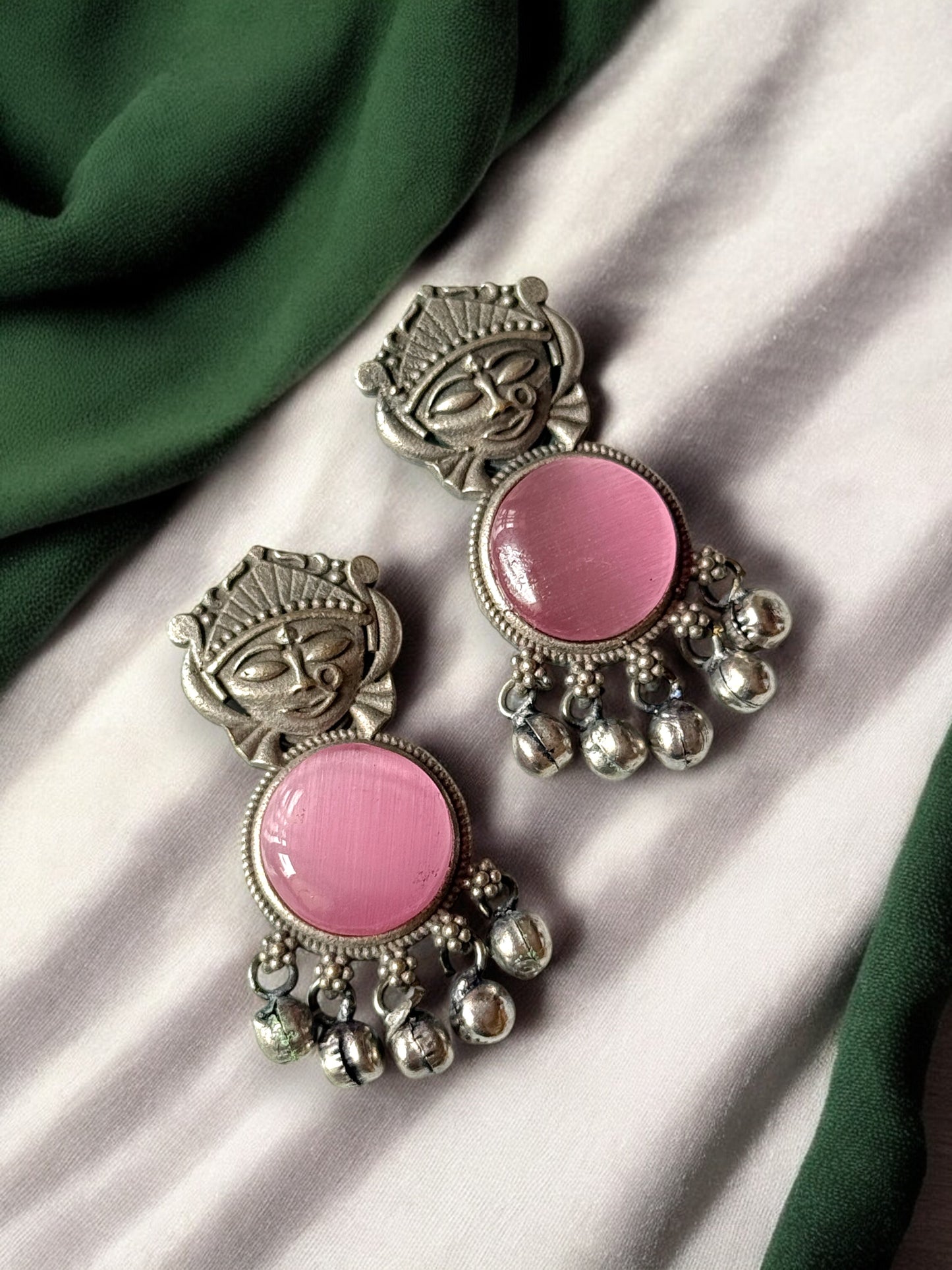 Silver Lookalike Silk Stone Embedded Face Earrings