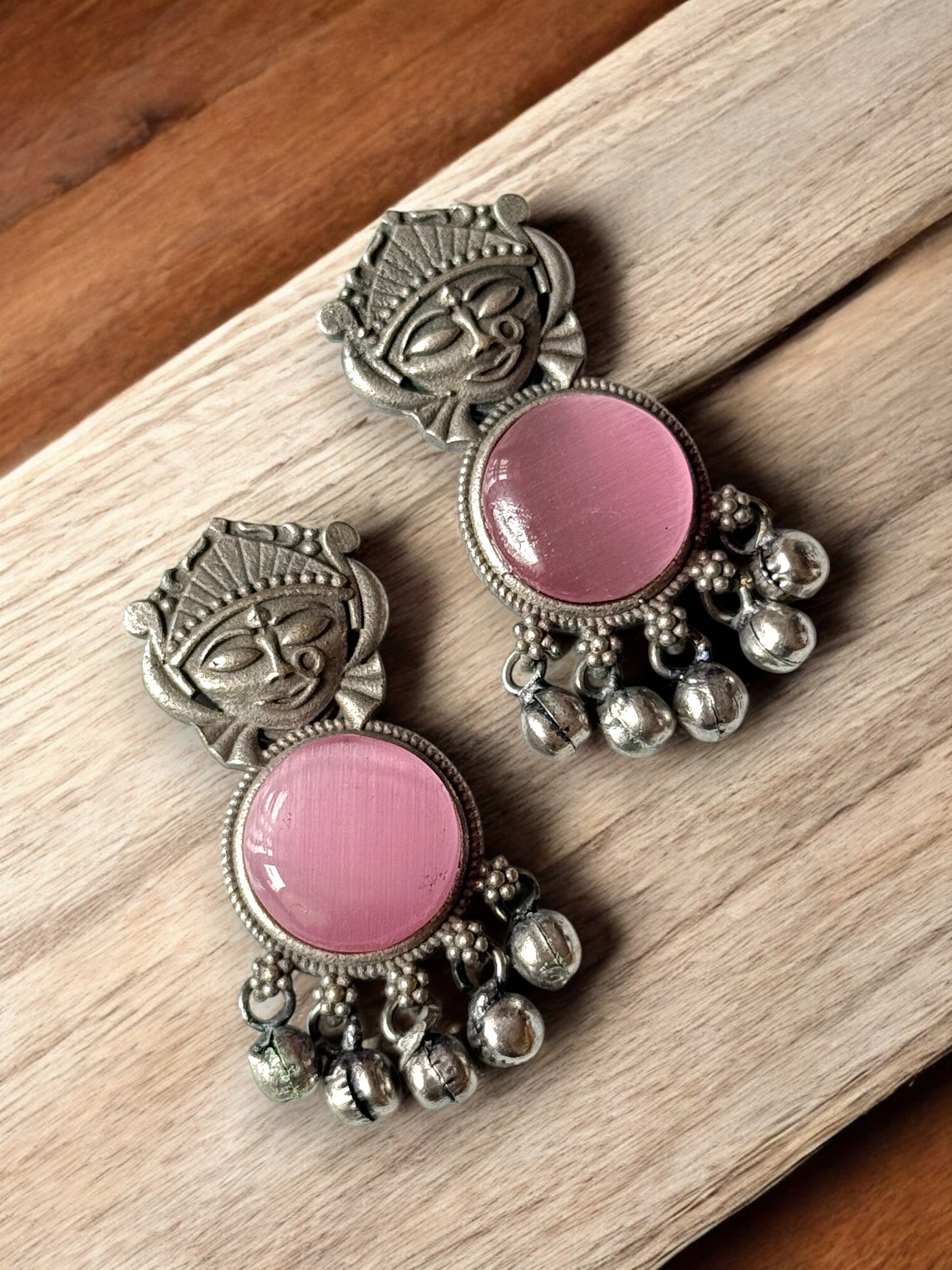 Silver Lookalike Silk Stone Embedded Face Earrings