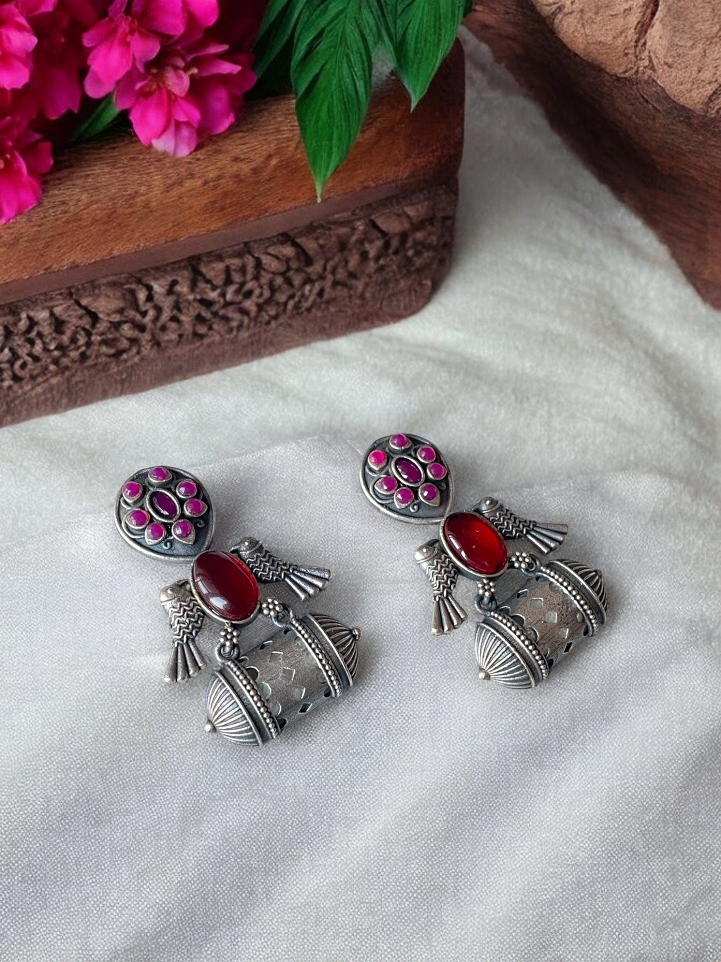 German Silver Bird Monalisa Stone Earrings