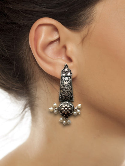 German Silver Vintage Charm Earrings with Dangling Pearls