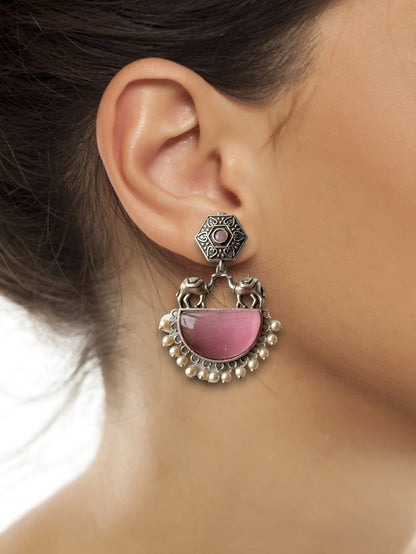 German Silver Contemporary Pearl and Stone Drop Earrings
