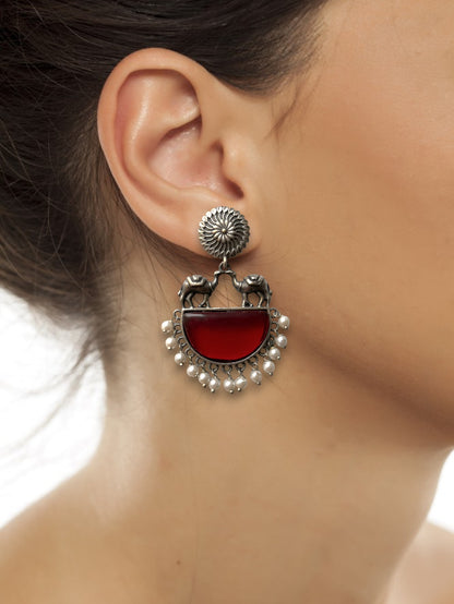 German Silver Contemporary Pearl and Stone Drop Earrings