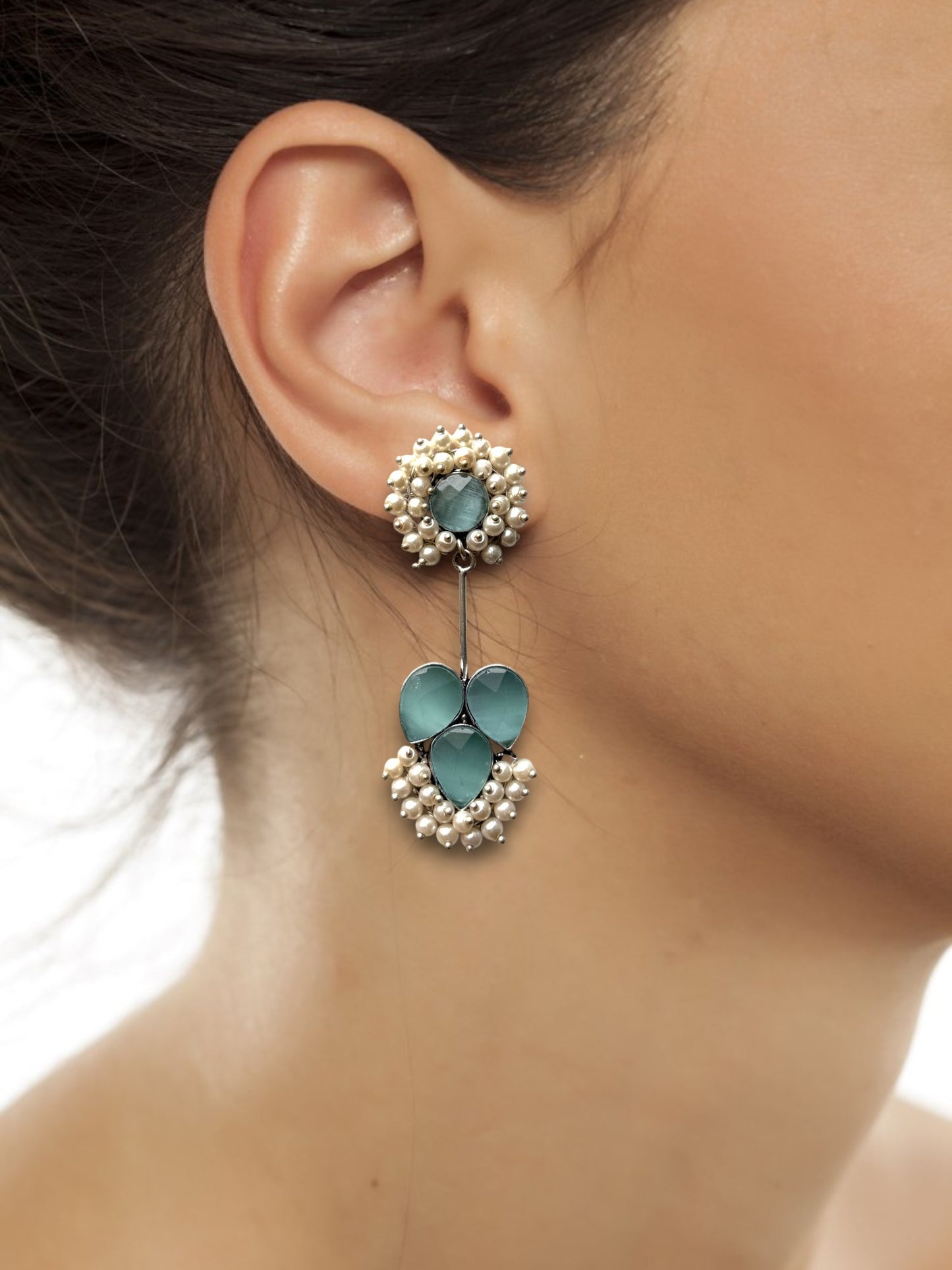 German Silver Contemporary Pearl and Stone Drop Earrings