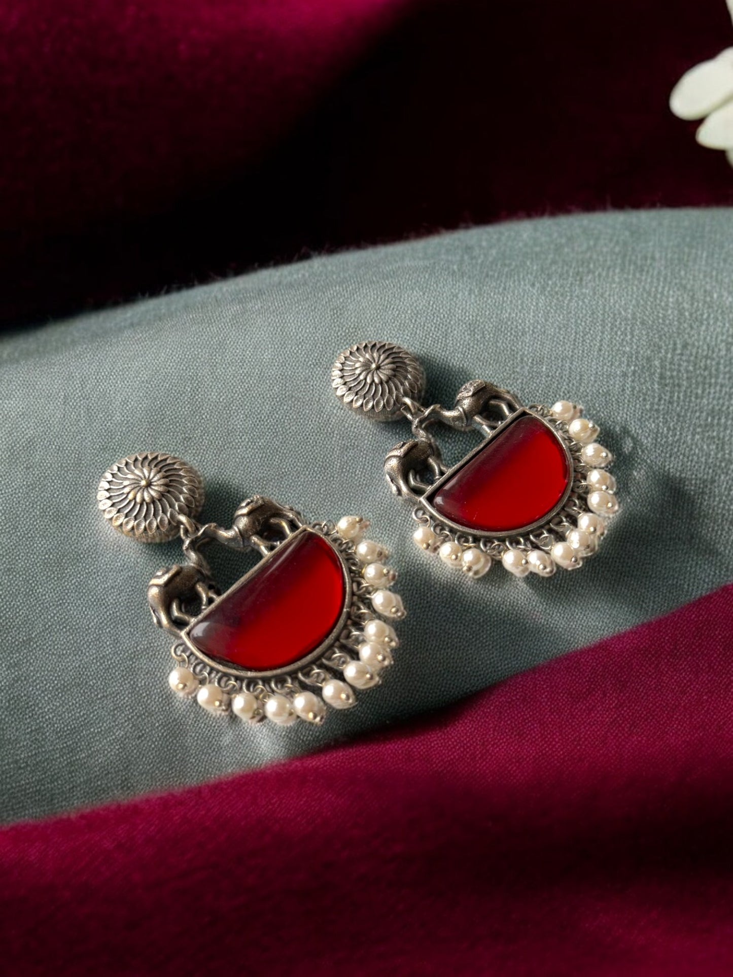 German Silver Contemporary Pearl and Stone Drop Earrings