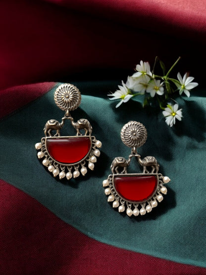 German Silver Contemporary Pearl and Stone Drop Earrings