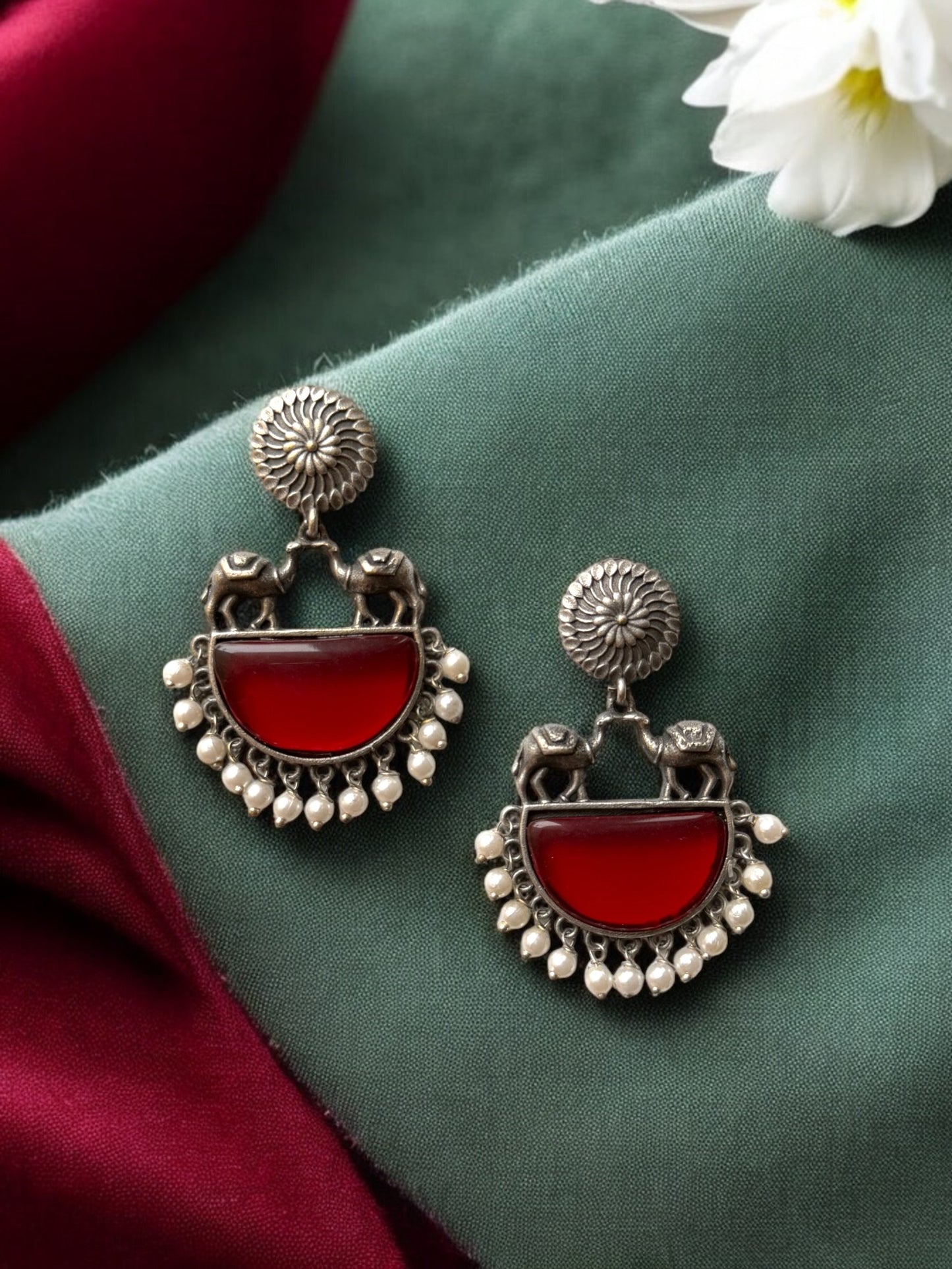 German Silver Contemporary Pearl and Stone Drop Earrings