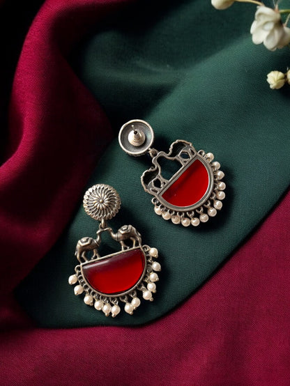 German Silver Contemporary Pearl and Stone Drop Earrings