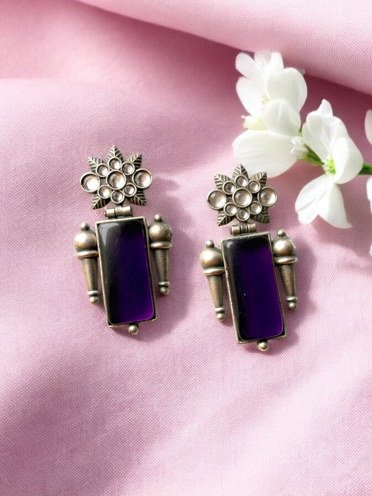 Handcrafted Purple Silver Hanging Earrings