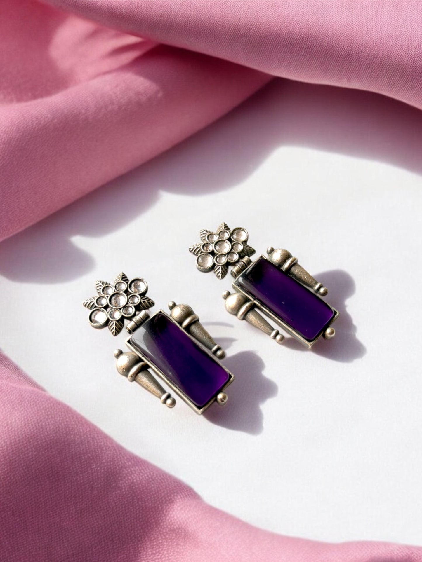 Handcrafted Purple Silver Hanging Earrings