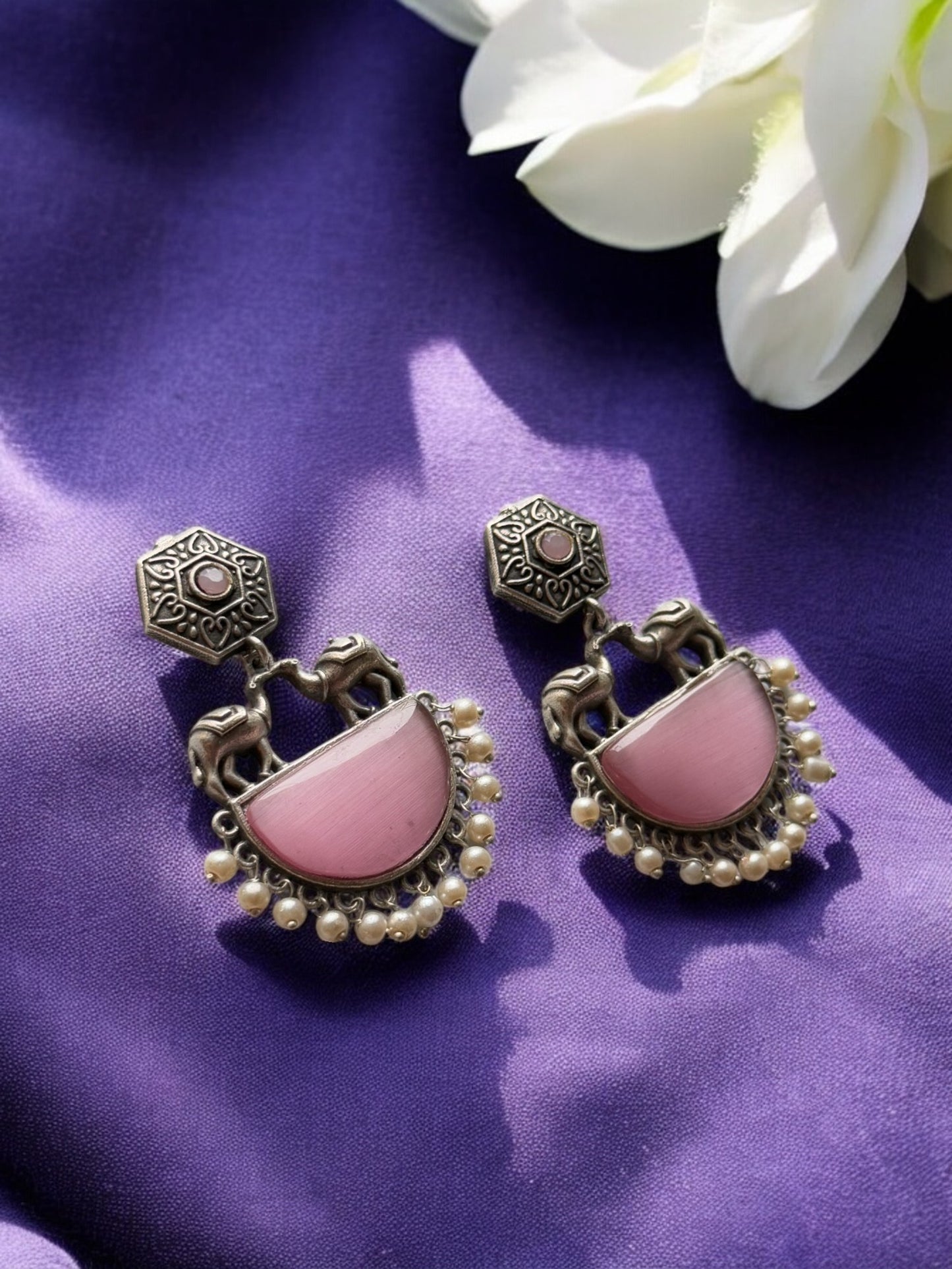 German Silver Contemporary Pearl and Stone Drop Earrings