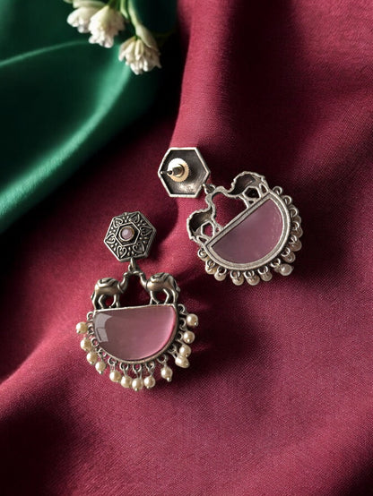 German Silver Contemporary Pearl and Stone Drop Earrings