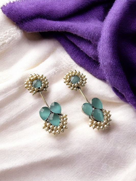 German Silver Contemporary Pearl and Stone Drop Earrings