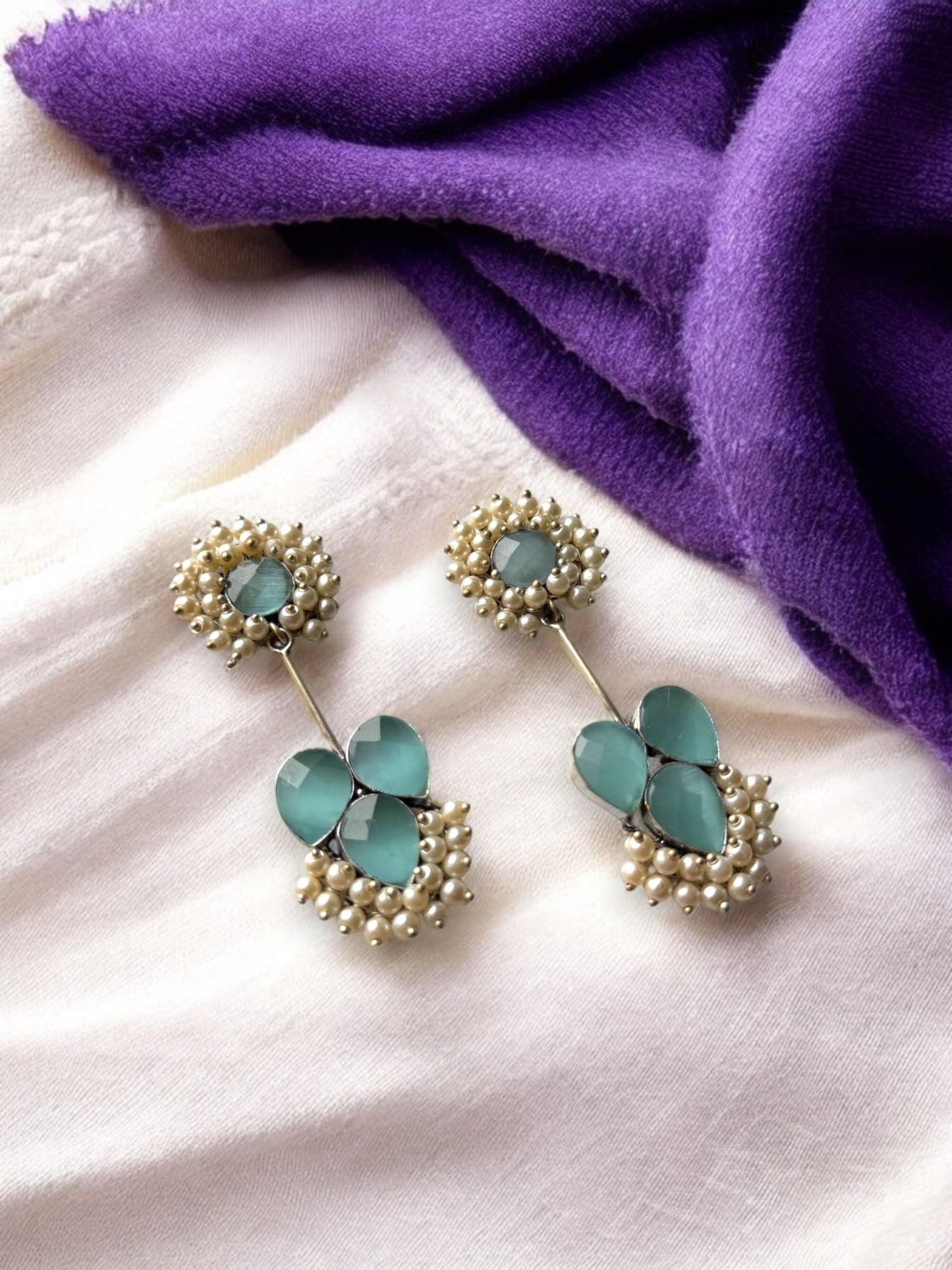 German Silver Contemporary Pearl and Stone Drop Earrings