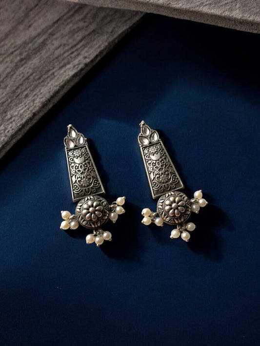 German Silver Vintage Charm Earrings with Dangling Pearls