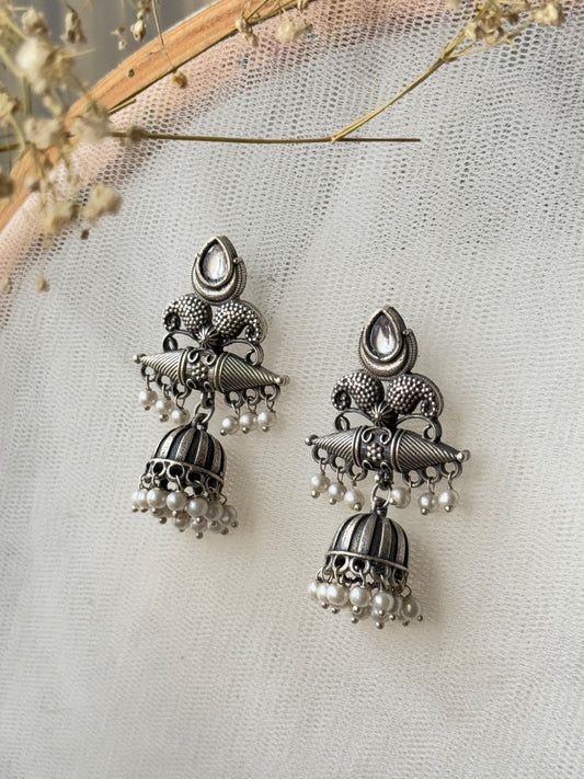 German Silver Jhumka Earrings with Pearls