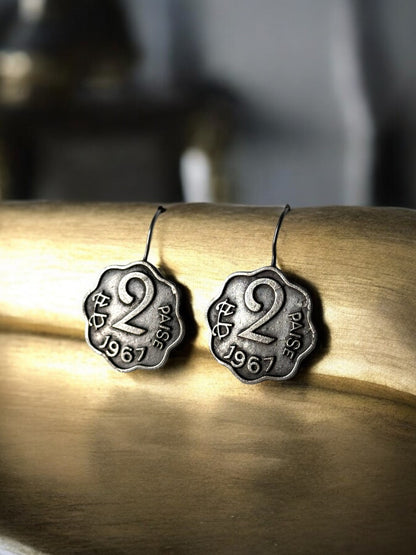 Vintage Oxidised Silver 2 Paisa Coin Earrings