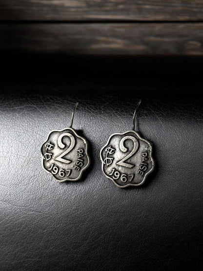 Vintage Oxidised Silver 2 Paisa Coin Earrings