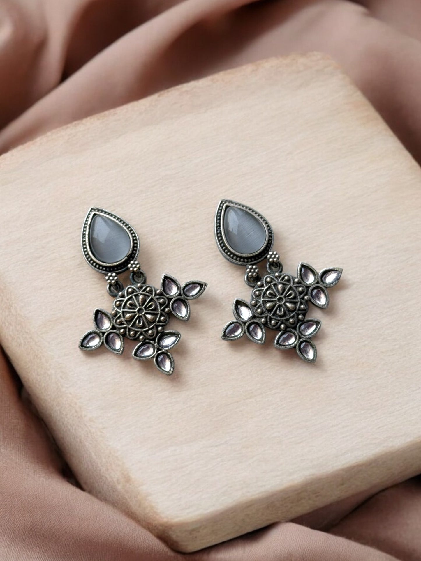 Silver Lookalike Silk Stone Embedded Earrings