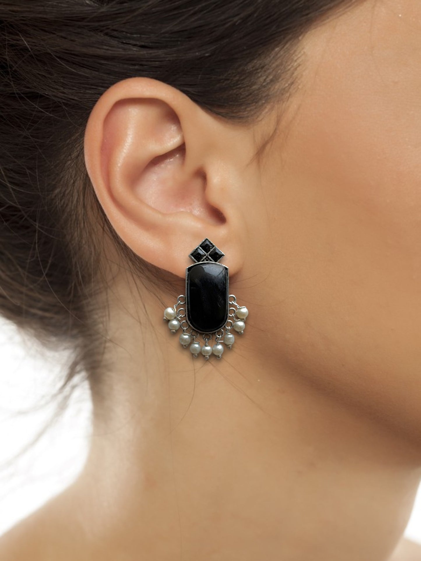 Silver-Plated Monalisa Stone Stud Earrings with Beads