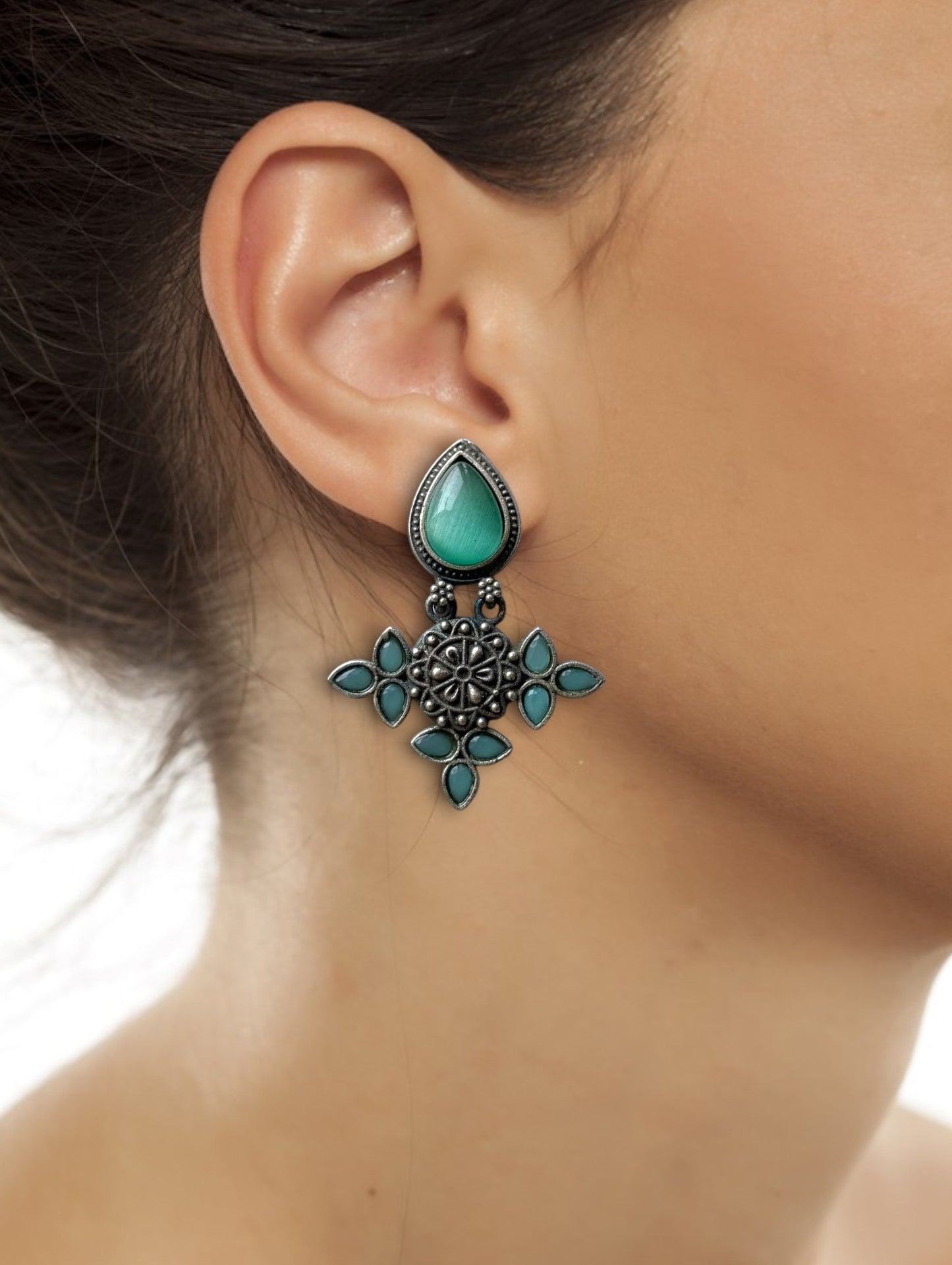Silver Lookalike Silk Stone Embedded Earrings