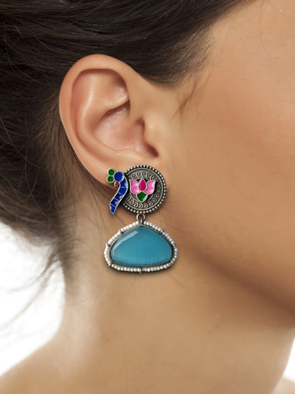 Peacock Hand-Painted Earrings Embedded with Silk Stone