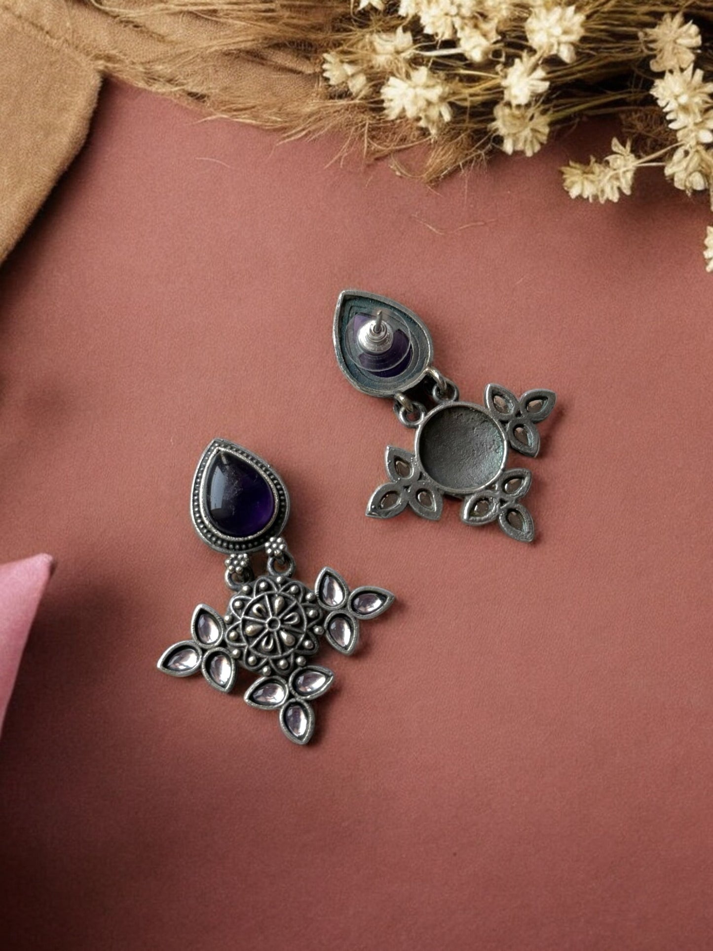 Silver Lookalike Silk Stone Embedded Earrings