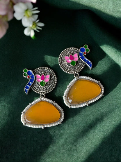 Peacock Hand-Painted Earrings Embedded with Silk Stone