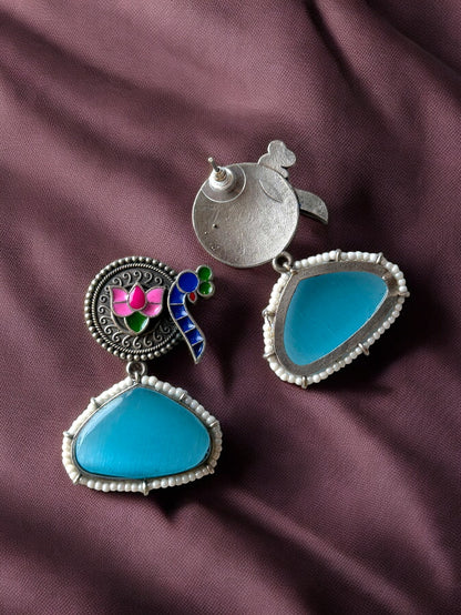 Peacock Hand-Painted Earrings Embedded with Silk Stone