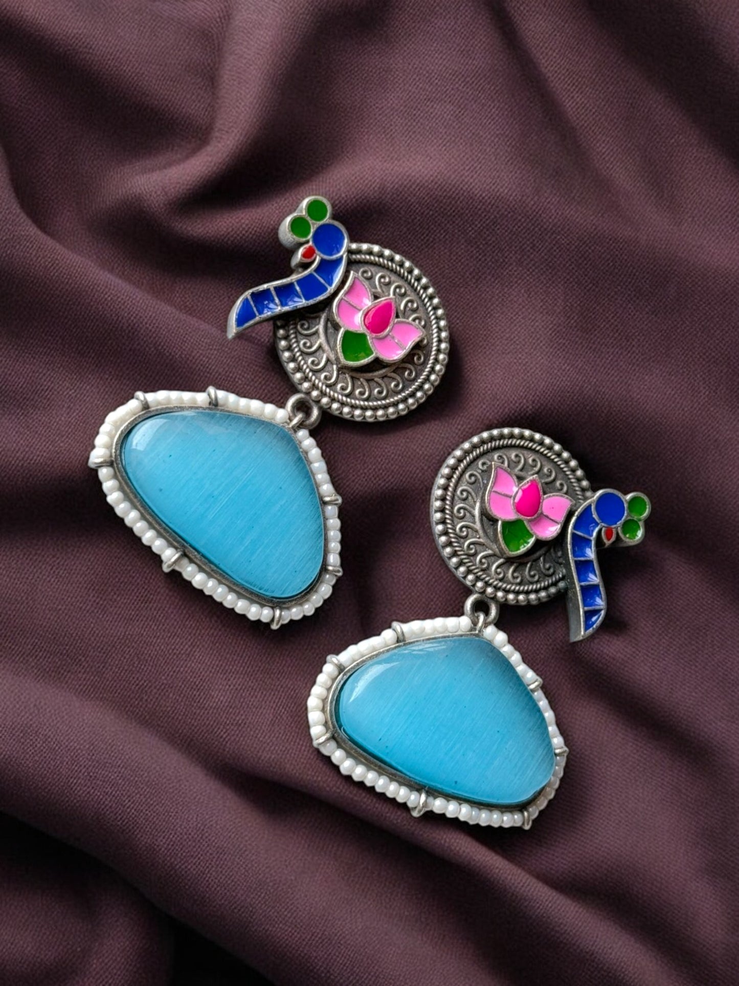 Peacock Hand-Painted Earrings Embedded with Silk Stone