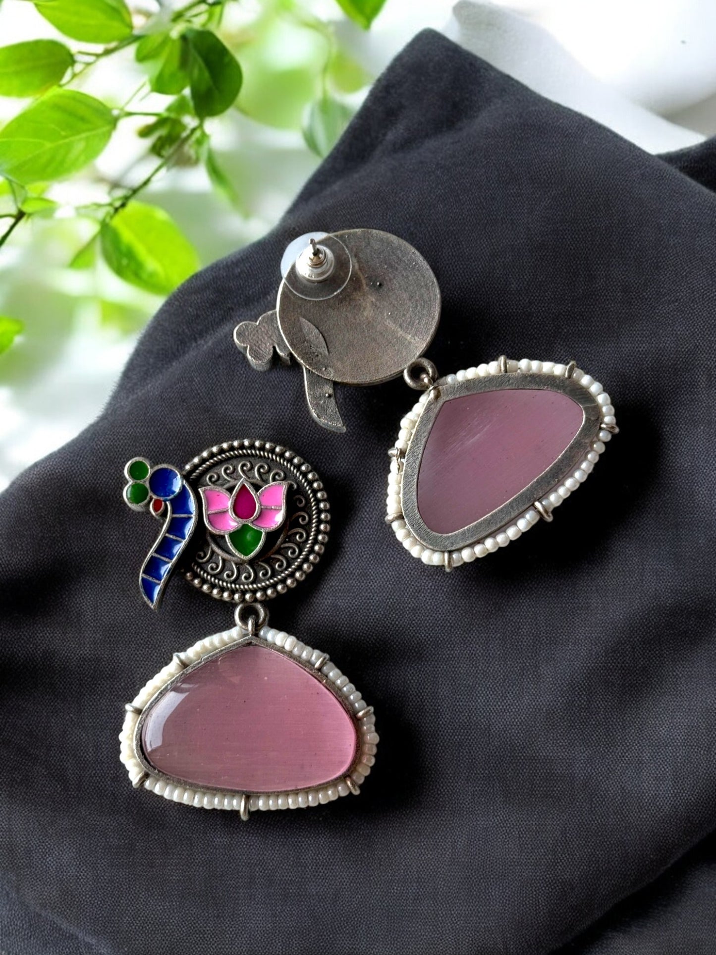 Peacock Hand-Painted Earrings Embedded with Silk Stone