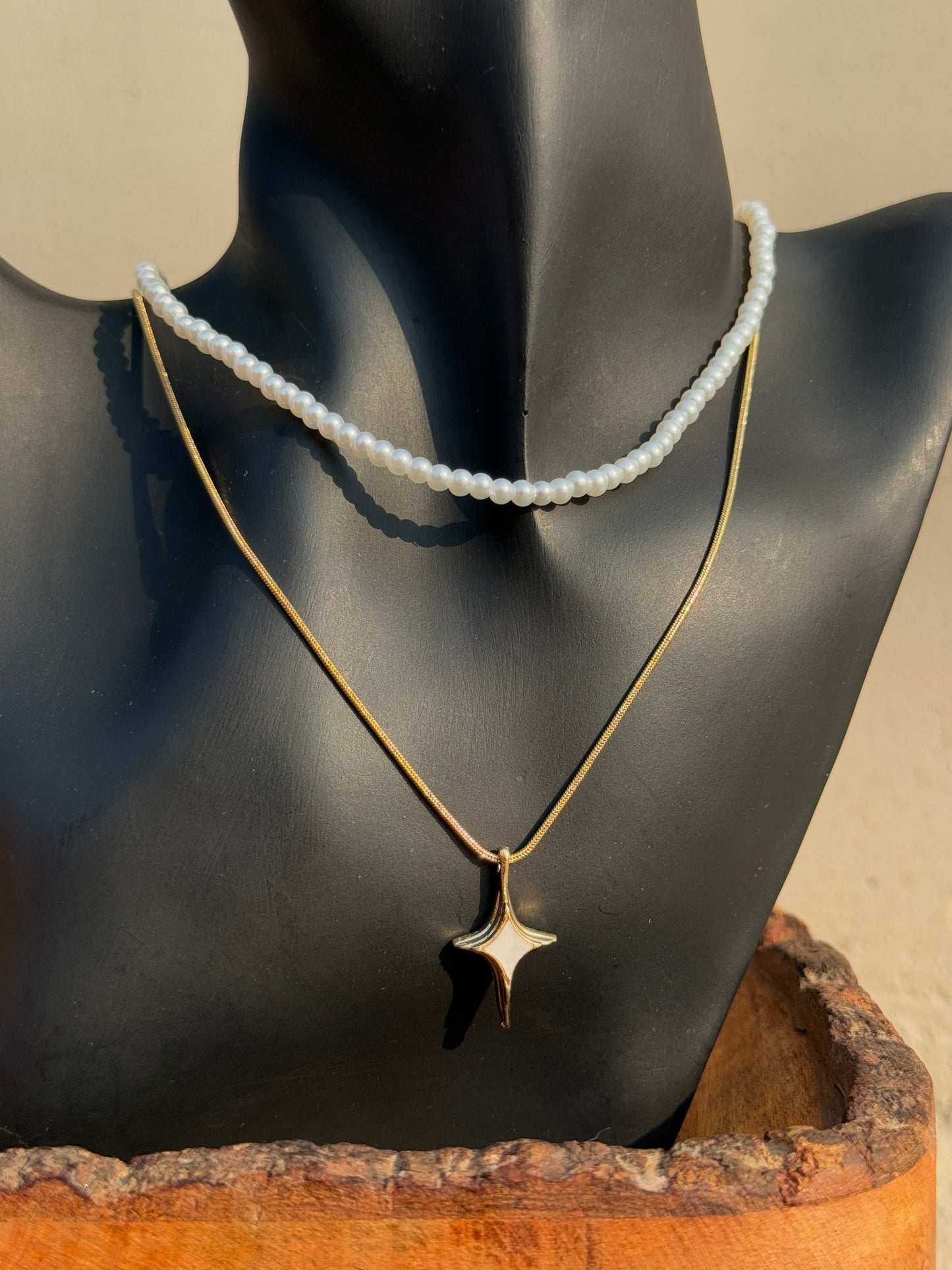 Pearl Two-Layered Chain Statement Classic Necklace with Star Pendant