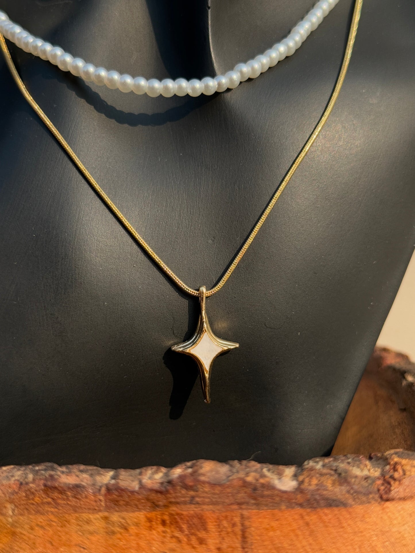 Pearl Two-Layered Chain Statement Classic Necklace with Star Pendant