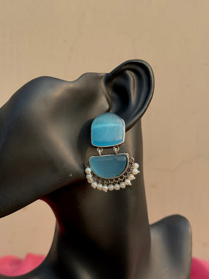 Twin Silk Stone Earrings with Dangling Pearls