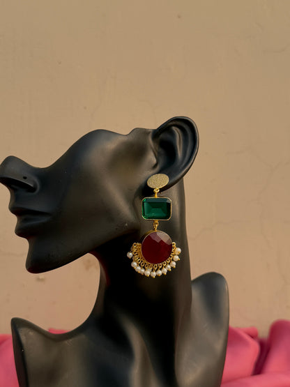 Gold Replica Green & Red Silk Stone Earrings with Dangling Pearls